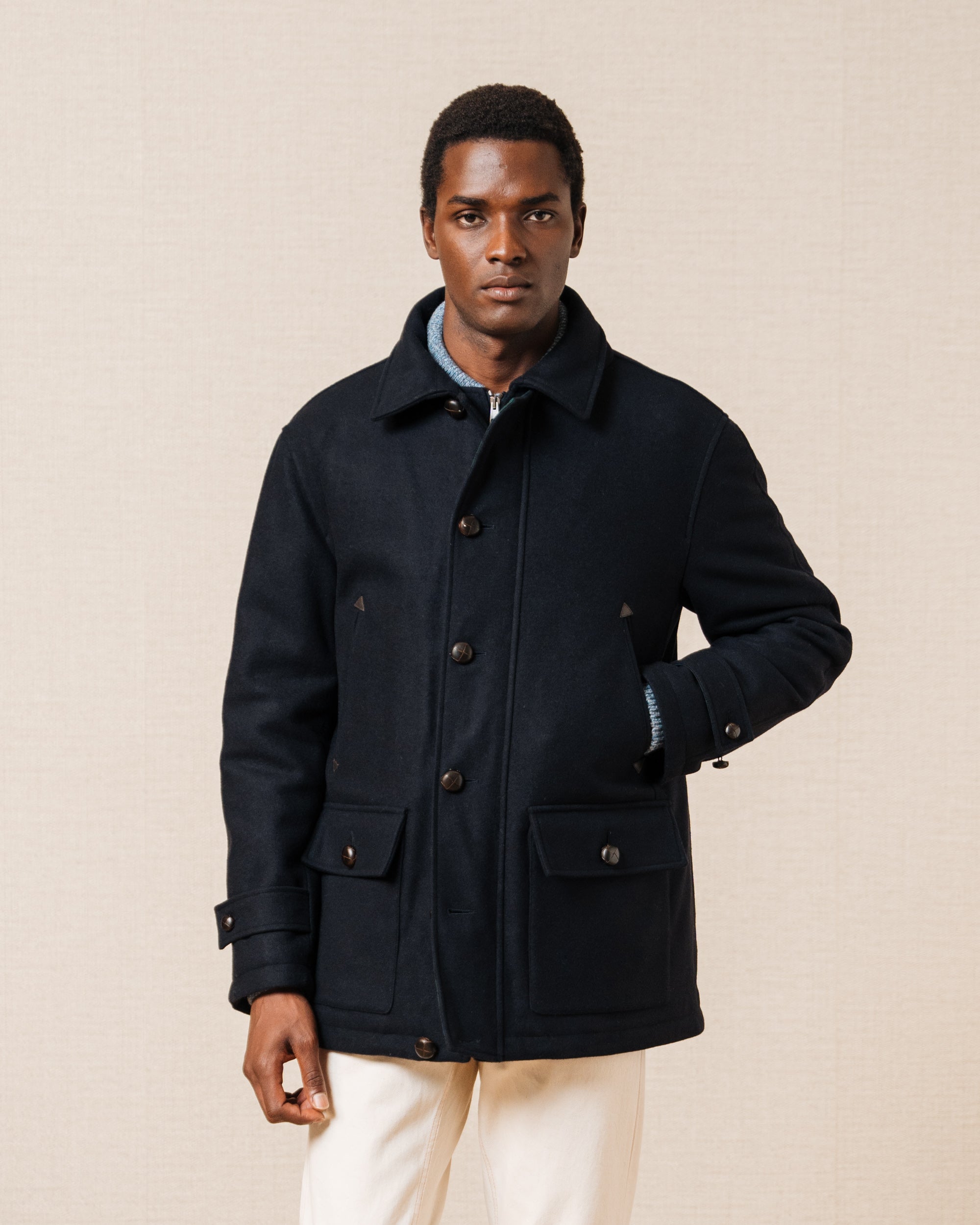 Navy wool field jacket with collar, Made in Italy | Velasca