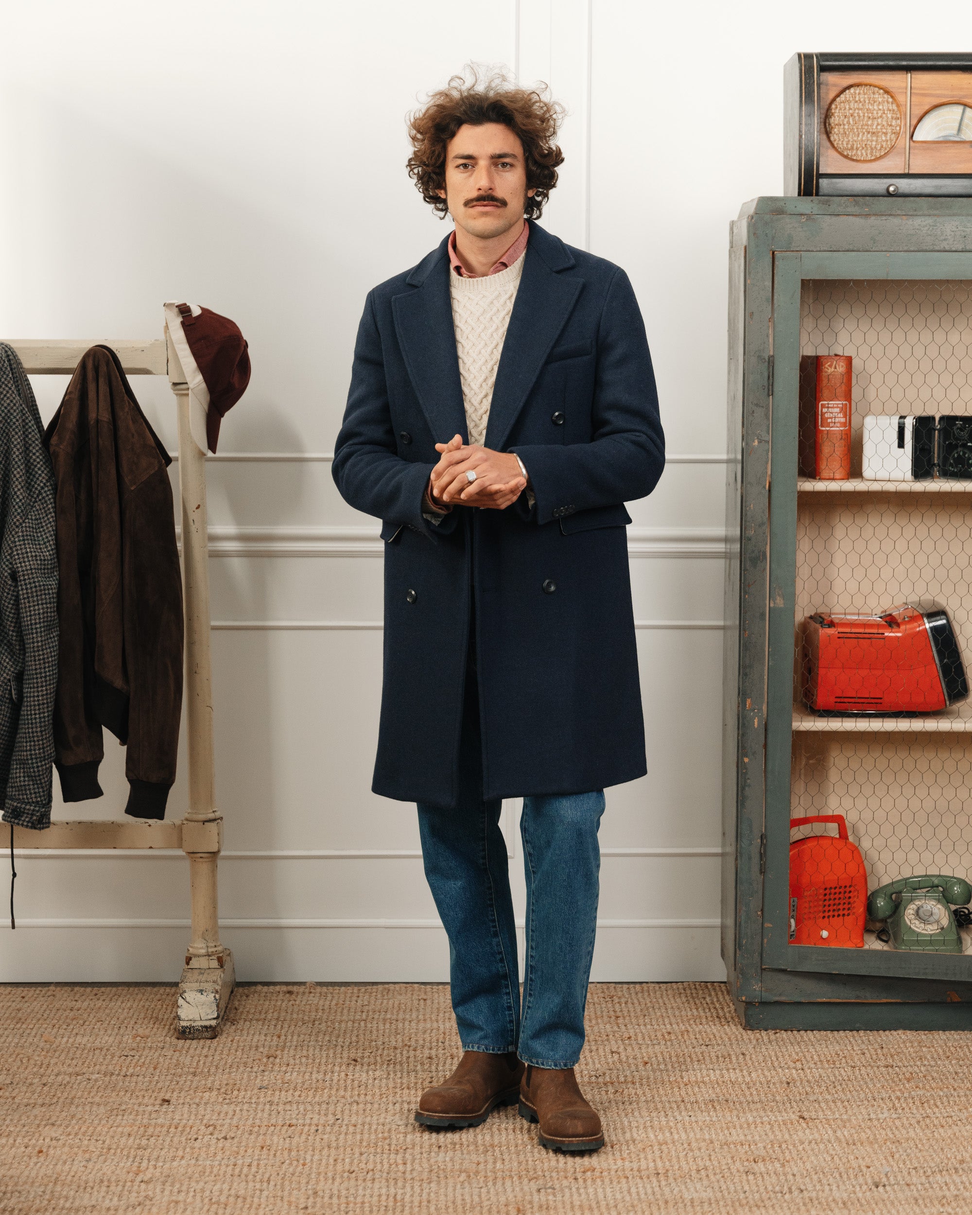bonfanti×muta 2WAY ボストン 紺 ウールフェルト × レザー Dark-blue double-breasted coat, Made in Italy | Velasca