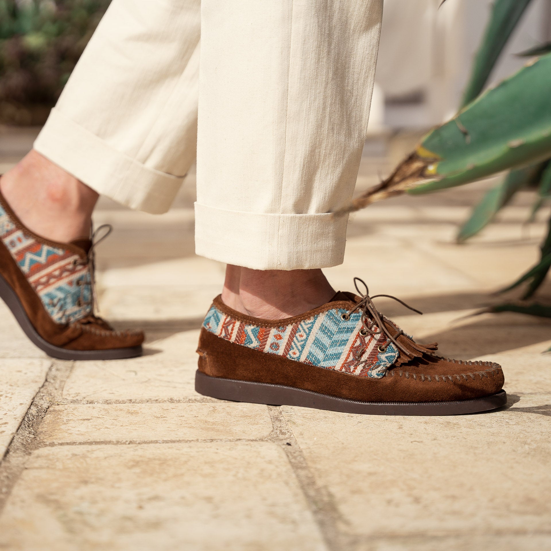 Suede Indianine shoes with Jacquard fabric. Handmade Velasca
