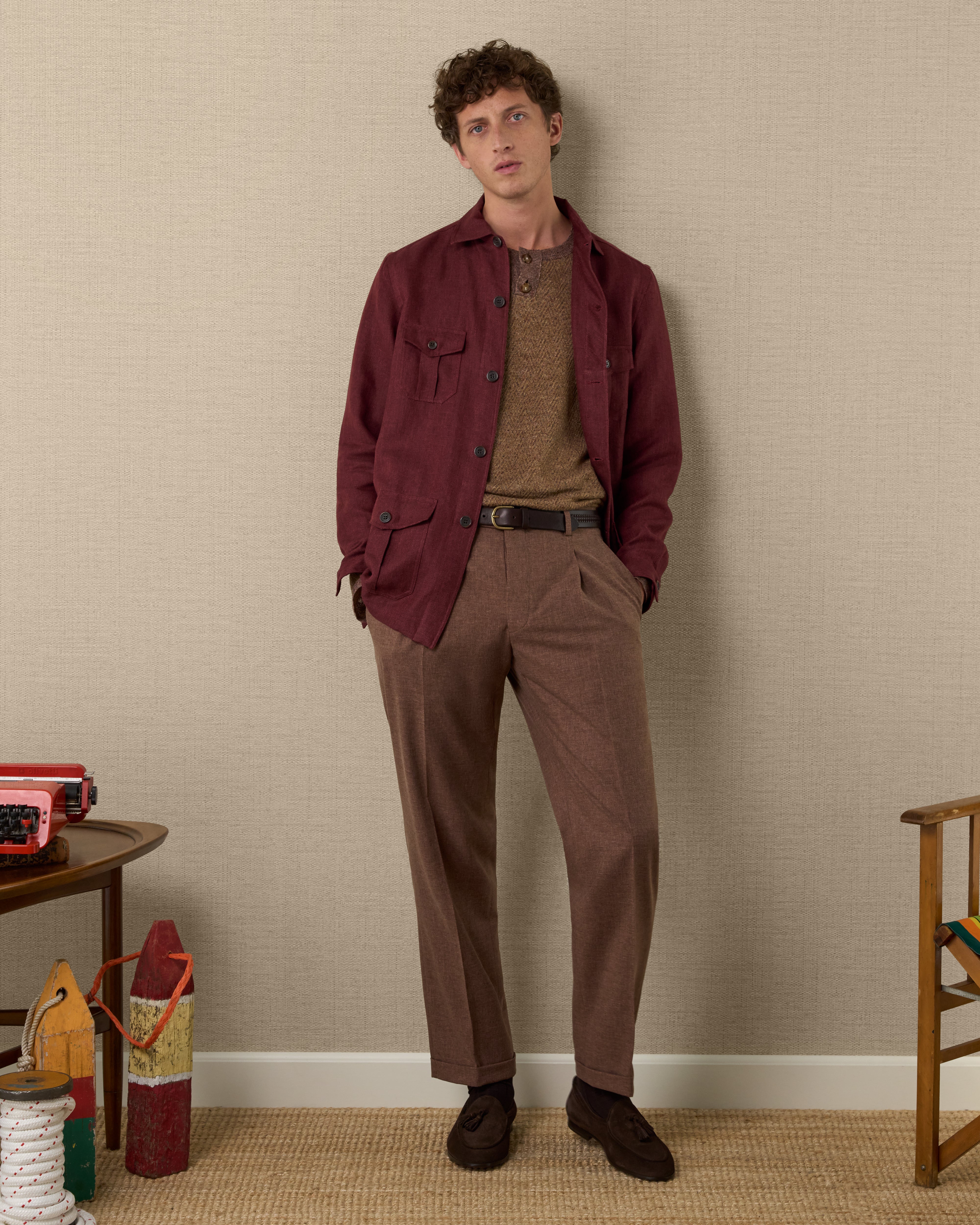 Men's shirt jacket, in 100% burgundy linen | Velasca