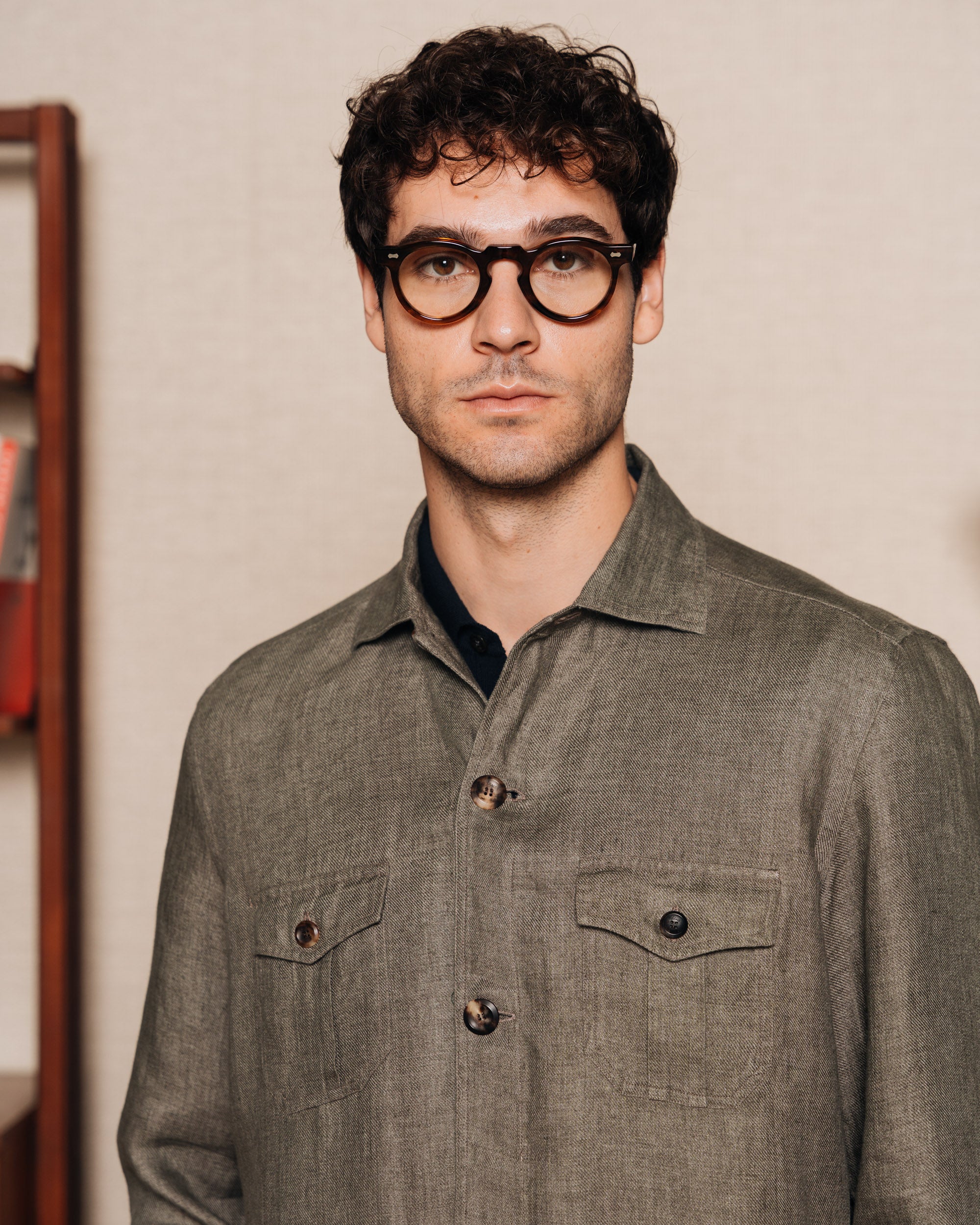 Velasca | Khaki green linen safari shirt, made in Italy