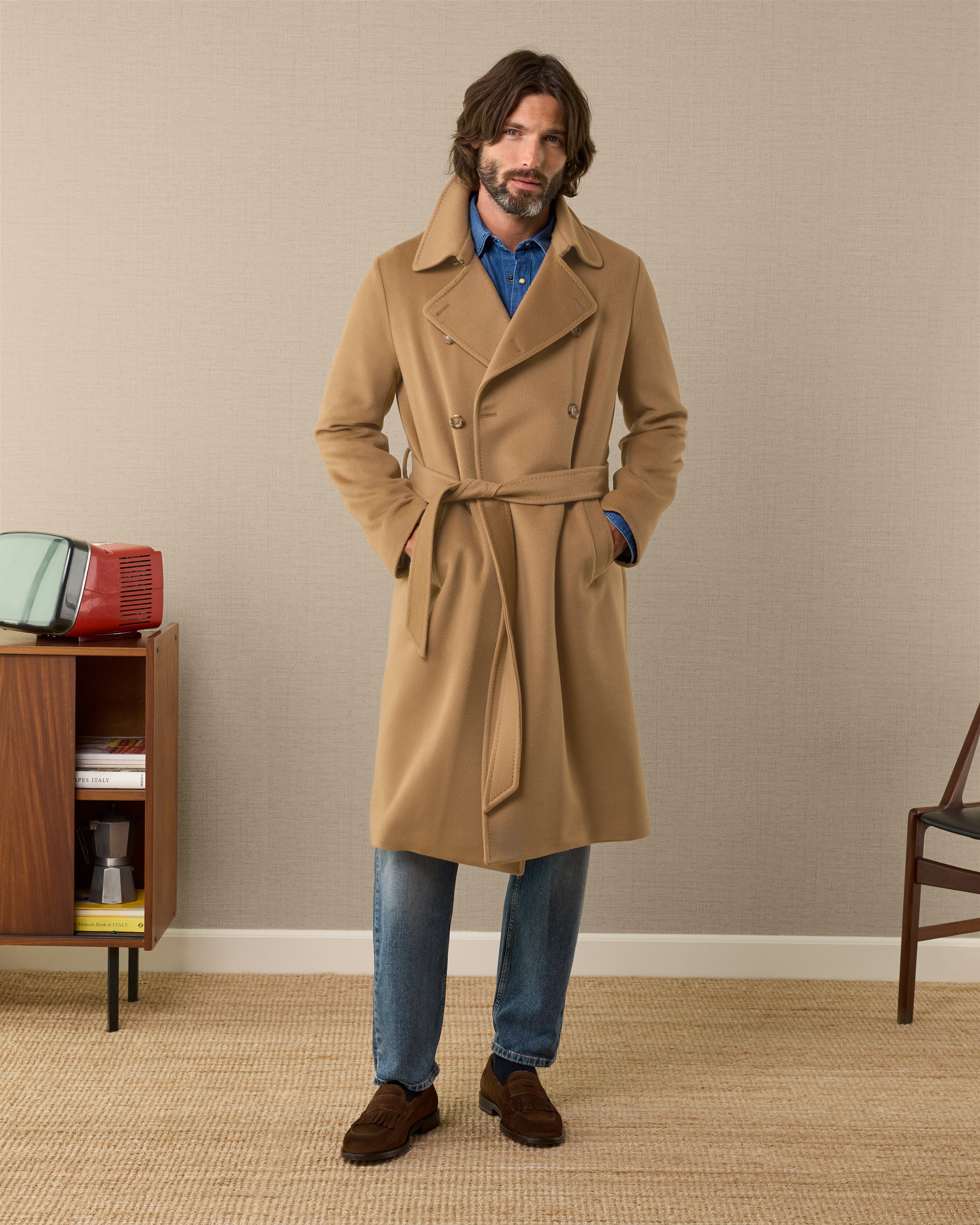 Men's wool trench coat with belt, Made in Italy | Velasca