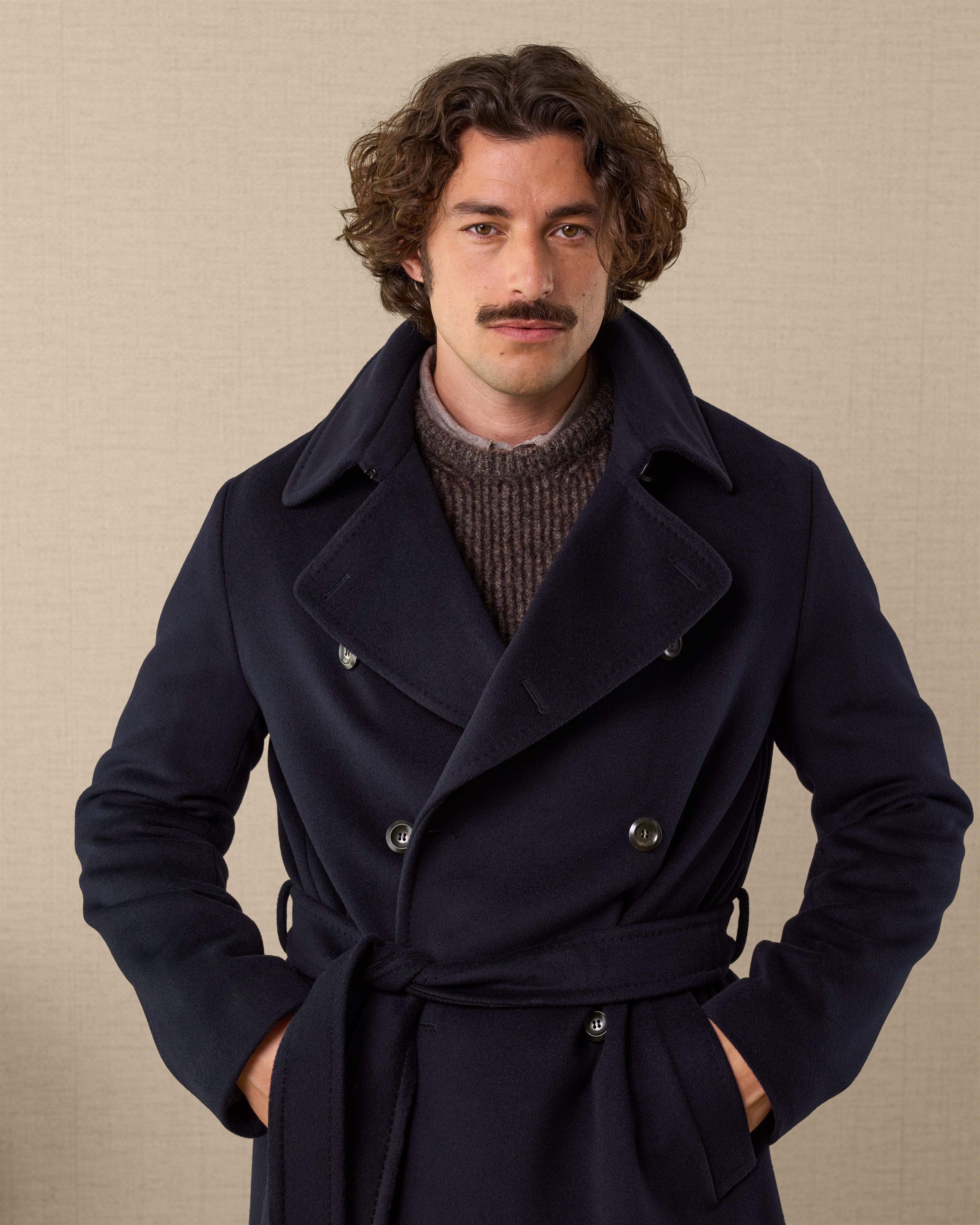 Men's blue wool trench coat with belt, Made in Italy | Velasca
