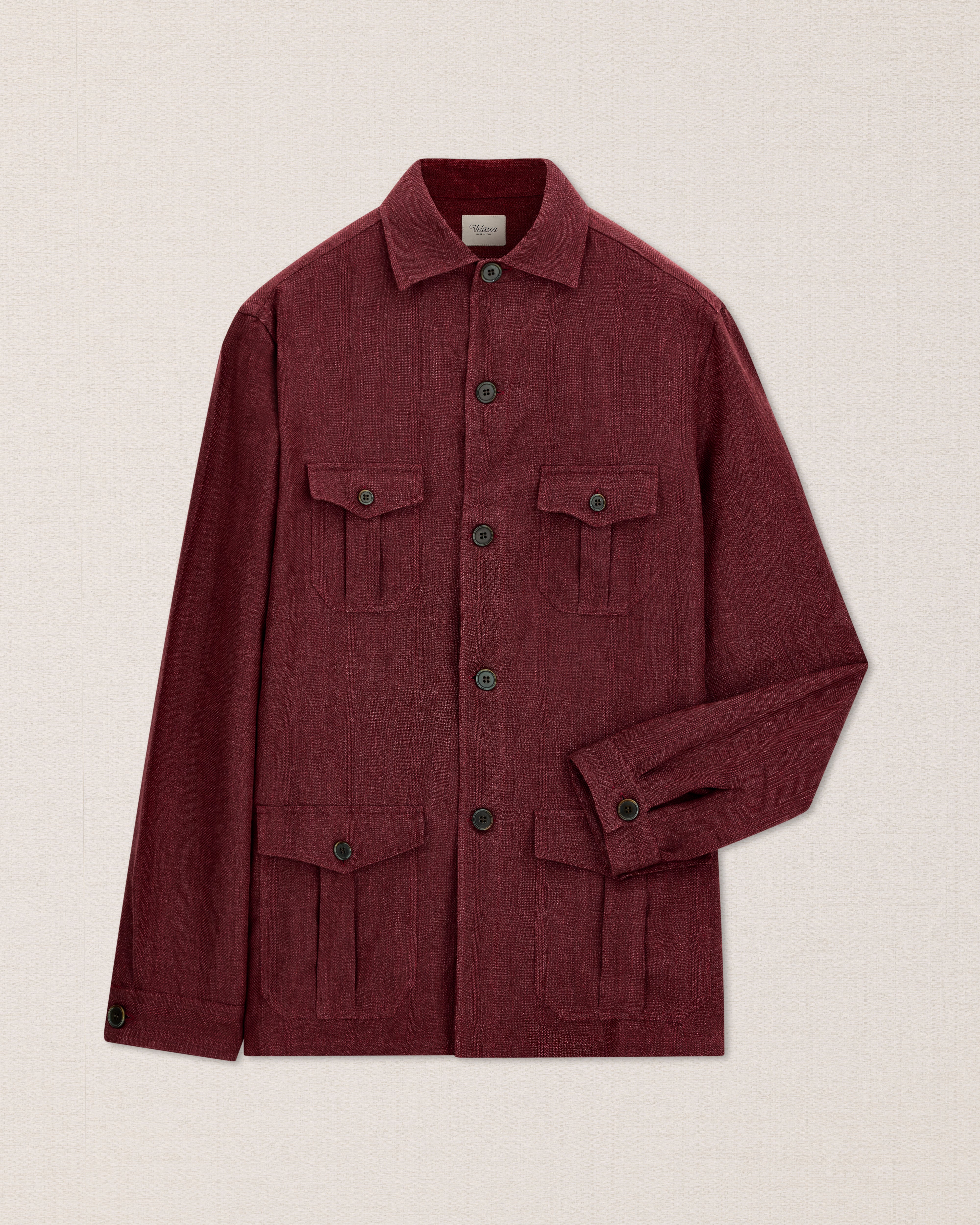 Men's shirt jacket, in 100% burgundy linen | Velasca