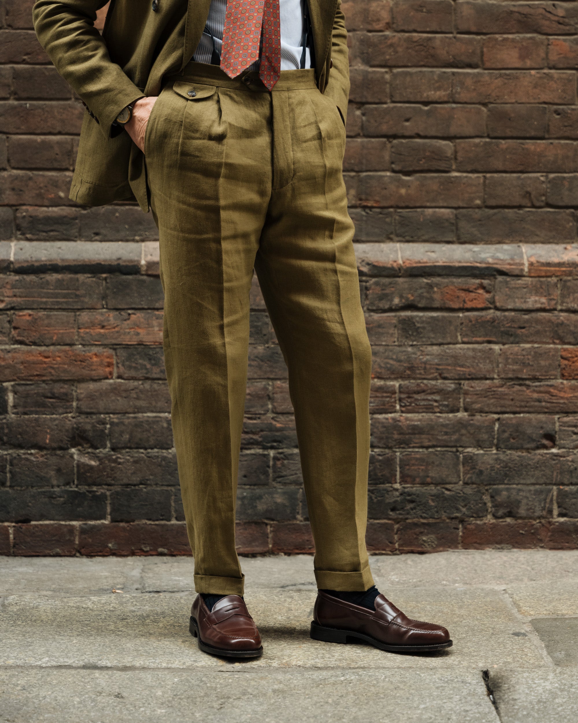 Velasca | Men's olive green linen pants, made in Italy