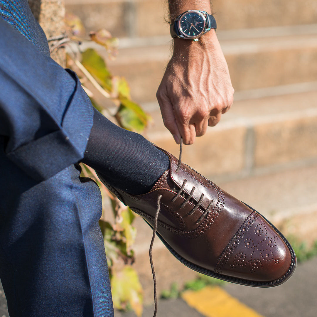 Men s brown leather Oxford shoes semi brogue Velasca