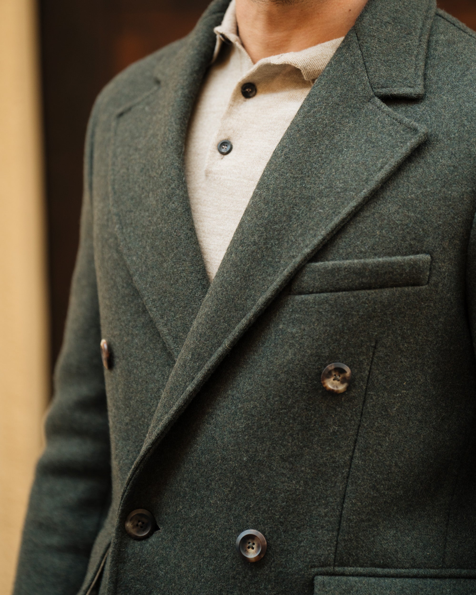 MUZE×el conducotrH DOUBLE BREASTED JKT Olive double-breasted coat, Made in Italy | Velasca