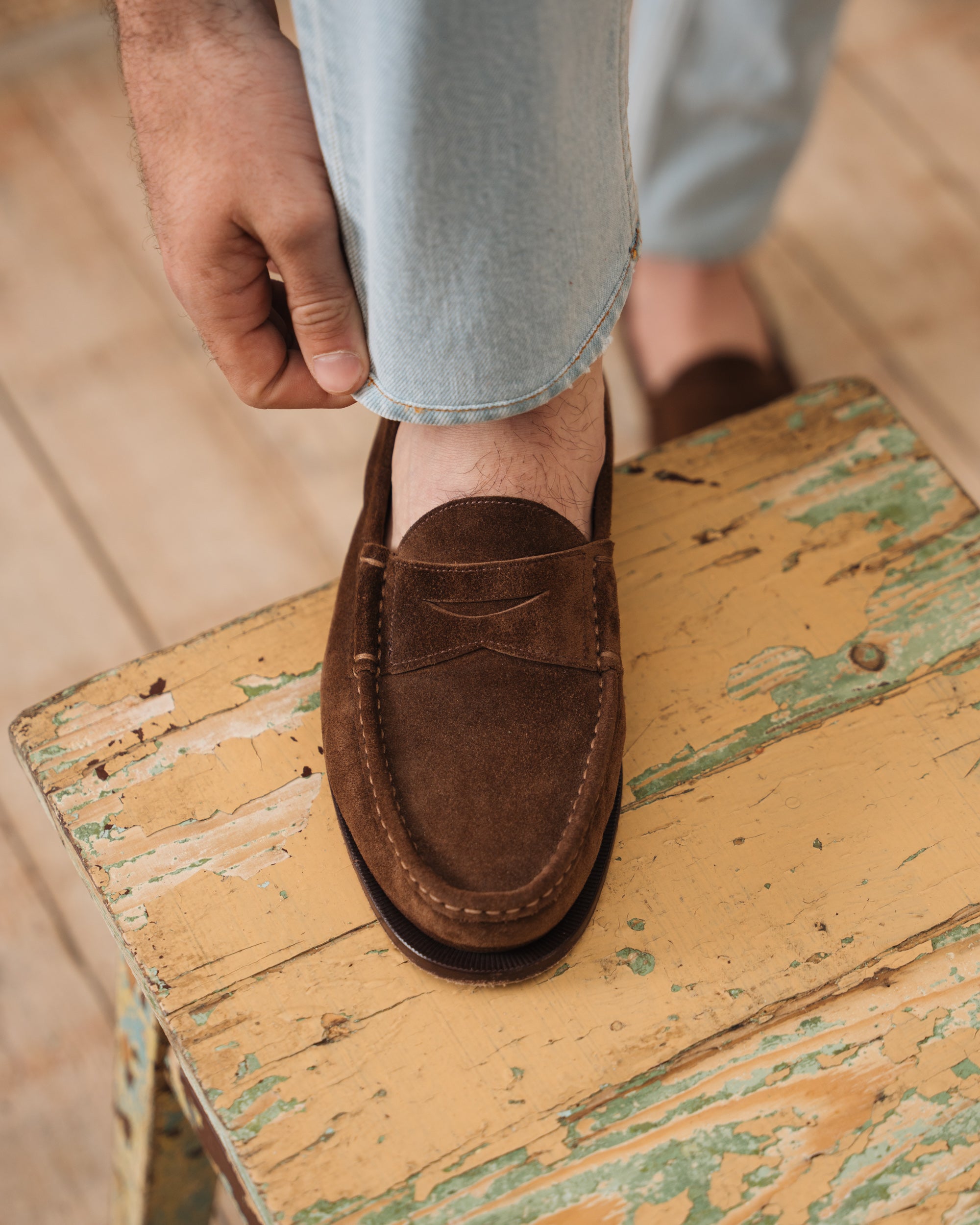 Men's dark brown suede leather Penny Loafers | Velasca