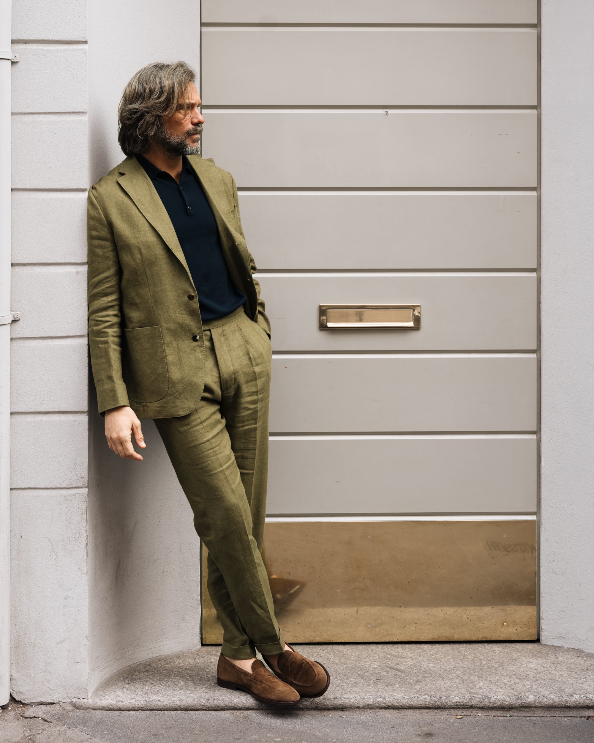 Velasca | Men's olive green linen pants, made in Italy
