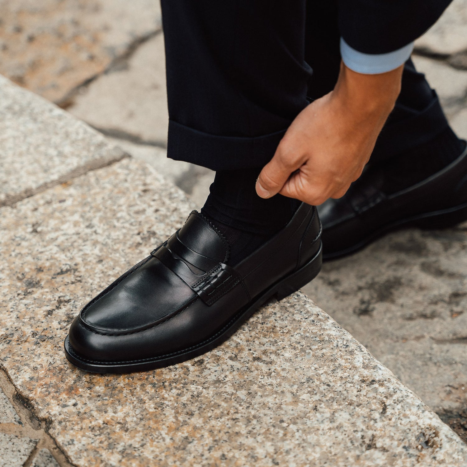 Men’s black leather slip on Penny Loafers | Velasca